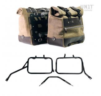 Pair of Cult side panniers in waxed suede with aluminium back plate + pair of stainless steel quick release system and lock + Subframes for aluminum side panniers Atlas for Triumph Speed 400 & Scrambler 400 X