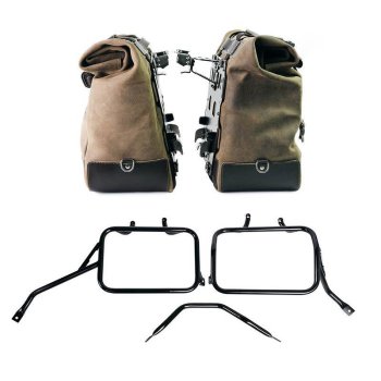 Pair of Cult side panniers in waxed suede with aluminium back plate + pair of stainless steel quick release system and lock + Subframes for aluminum side panniers Atlas for Triumph Tracker 400