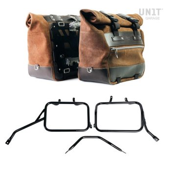 Pair of Cult side panniers in waxed suede with aluminium back plate + pair of stainless steel quick release system and lock + Subframes for aluminum side panniers Atlas for Triumph Tracker 400