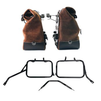 Pair of Cult side panniers in waxed suede with aluminium back plate + pair of stainless steel quick release system and lock + Subframes for aluminum side panniers Atlas for Triumph Tracker 400