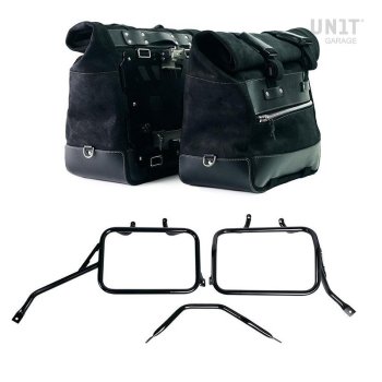 Pair of Cult side panniers in waxed suede with aluminium back plate + pair of stainless steel quick release system and lock + Subframes for aluminum side panniers Atlas for Triumph Tracker 400