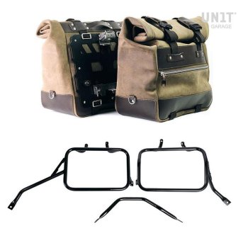 Pair of Cult side panniers in waxed suede with aluminium back plate + pair of stainless steel quick release system and lock + Subframes for aluminum side panniers Atlas for Triumph Tracker 400