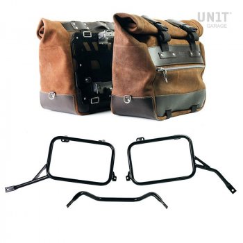 Pair of Cult side panniers in waxed suede with aluminium back plate + pair of stainless steel quick release system and lock + Subframes for aluminum side panniers Atlas ​​​​​​​i modelli Triumph Bonneville T120