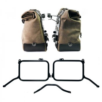 Pair of Cult side panniers in waxed suede 40L - 50L + Pair of aluminum plates + Subframes Royal Enfield Himalayan 450 for original exhaust (2024 until now)