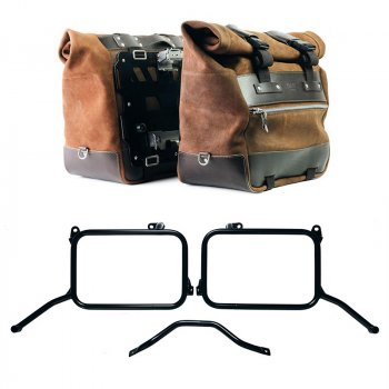 Pair of Cult side panniers in waxed suede 40L - 50L + Pair of aluminum plates + Subframes Royal Enfield Himalayan 450 for original exhaust (2024 until now)