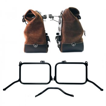 Pair of Cult side panniers in waxed suede 40L - 50L + Pair of aluminum plates + Subframes Royal Enfield Himalayan 450 for original exhaust (2024 until now)