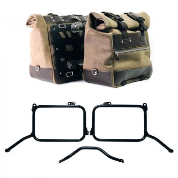 Pair of Cult side panniers in waxed suede 40L - 50L + Pair of aluminum plates + Subframes Royal Enfield Himalayan 450 for original exhaust (2024 until now)