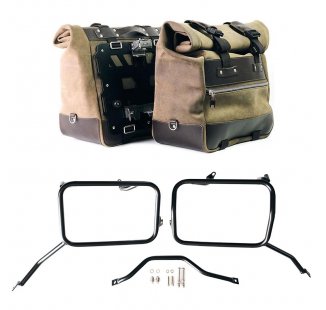Pair of Cult side panniers in waxed suede with aluminium back plate + pair of stainless steel quick release system and lock + Subframes Triumph Scrambler 1200 X (2025 until now)