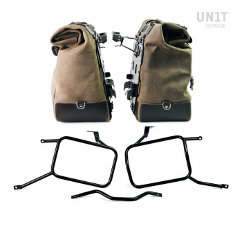 Pair of Cult side panniers in waxed suede with aluminium back plate + pair of stainless steel quick release system and lock + Triumph Street Scrambler frames for Atlas aluminum side panniers