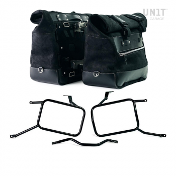 Pair of Cult side panniers in waxed suede with aluminium back plate + pair of stainless steel quick release system and lock + Triumph Street Scrambler frames for Atlas aluminum side panniers