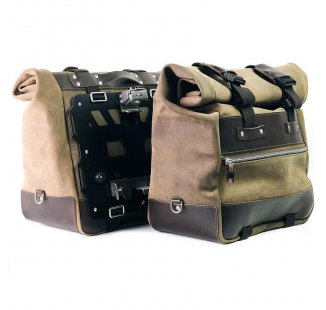 Pair of Cult side panniers in waxed suede with aluminium back plate + pair of stainless steel quick release system and lock
