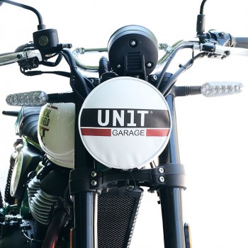 Headlamp cover in leather with logo