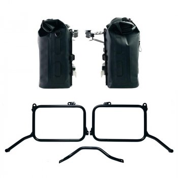 Two Khali side panniers in TPU 35L - 45L + Pair of aluminium plates with Inox Subframe Royal Enfield Himalayan 450 for original exhaust (2024 until now)