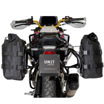Two Khali side panniers in TPU 35L - 45L + Pair of aluminium plates + Subframes for aluminum side panniers Atlas BMW F450GS